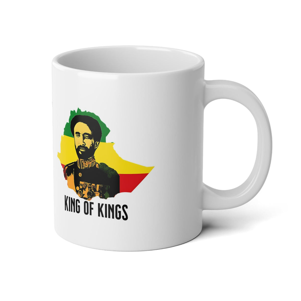 A white ceramic mug with a graphic print of a bearded man in front of a green, yellow, and red shape, with the text 'KING OF KINGS' below, shown on a white background.