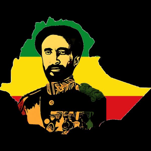 A stylized graphic portrait of a king haile selassie in military dress uniform, rendered in black, yellow, green, and red with the silhouette of Ethiopia behind him on a black background.