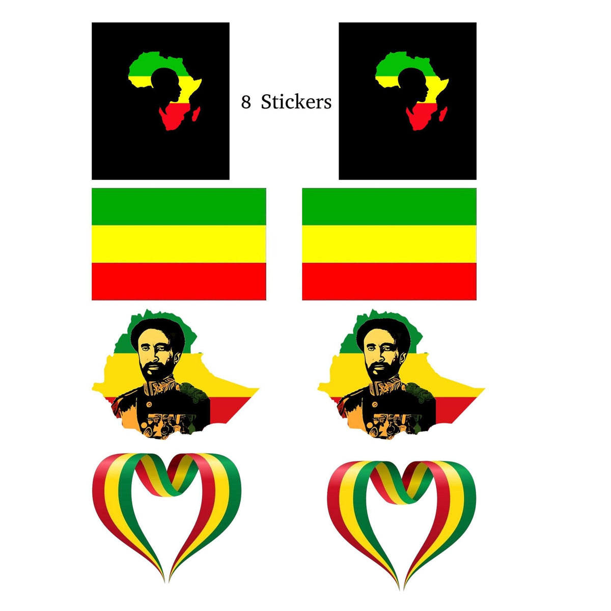 A set of Rastafarian-themed stickers on a white background, featuring a map of Africa with a silhouette, the Senegal flag, a portrait of Che Guevara in a map shape, and two heart-shaped stripes in green, yellow, and red. Text reads '8 Stickers'.