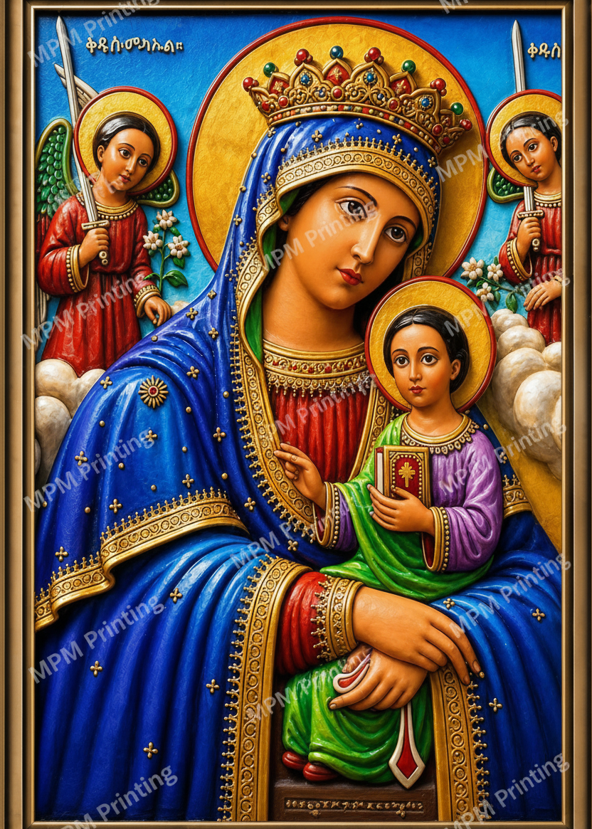 A colorful religious icon-style artwork showing the Virgin Mary holding the infant Jesus, with two winged angels on either side against a gold and blue background. The piece is framed by a brown border and appears to be the product itself rather than a photo of a physical object in a room.