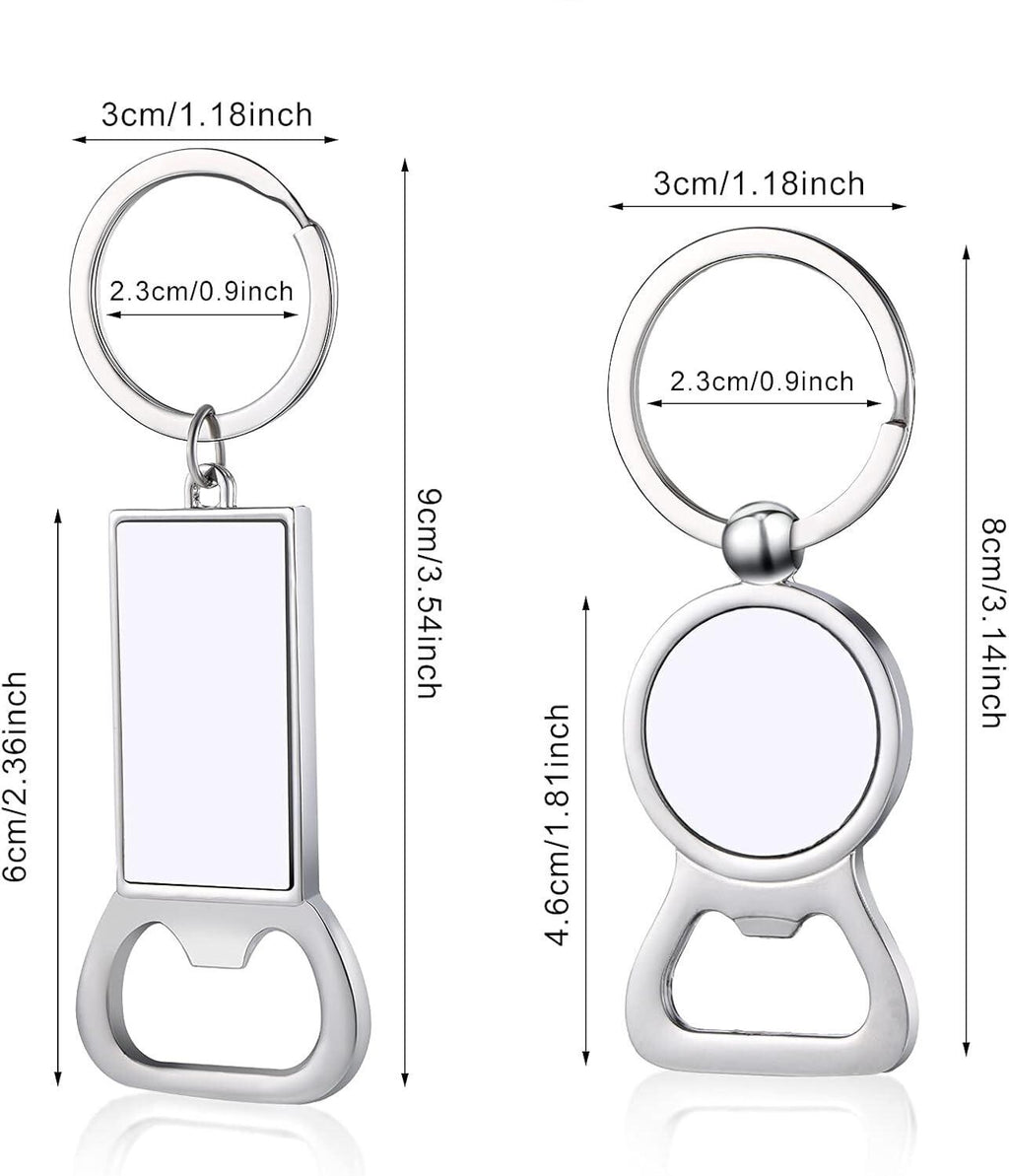 Two silver metal keychain bottle opener designs with dimension labels, one rectangular and one round blank face, on a white background.