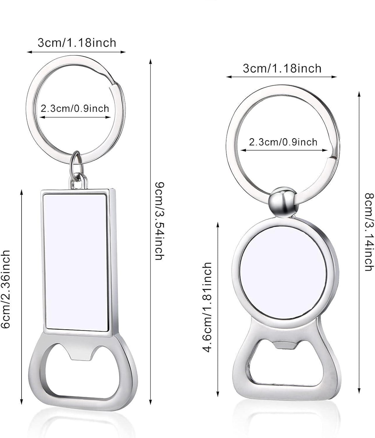 Two silver metal keychain bottle opener designs with dimension labels, one rectangular and one round blank face, on a white background.