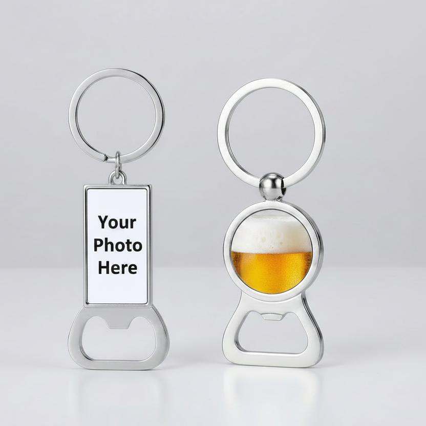 Two silver metal bottle opener keychains on a light gray studio background. The left keychain has a rectangular photo frame placeholder with the text 'Your Photo Here' and a bottle opener below.