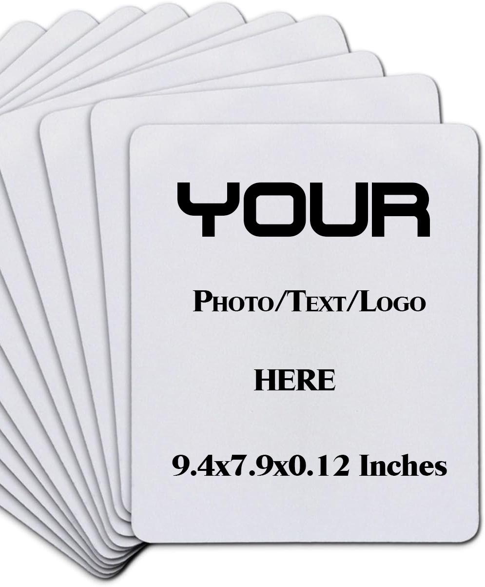 A stack of custom photo cards fanned out on a white background, with the front card showing placeholder text that reads 'YOUR PHOTO/TEXT/LOGO HERE 9.4x7.