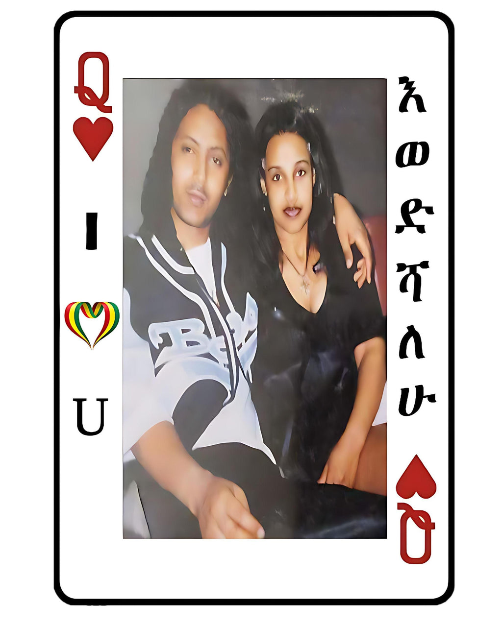 A playing card design featuring a portrait of two women, with red heart suit symbols and stylized black lettering on a white card face.