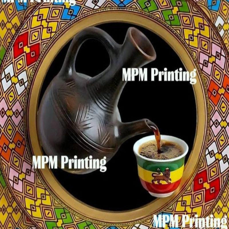 A graphic design featuring a dark brown traditional Ethiopian teapot pouring coffee into a small striped cup.