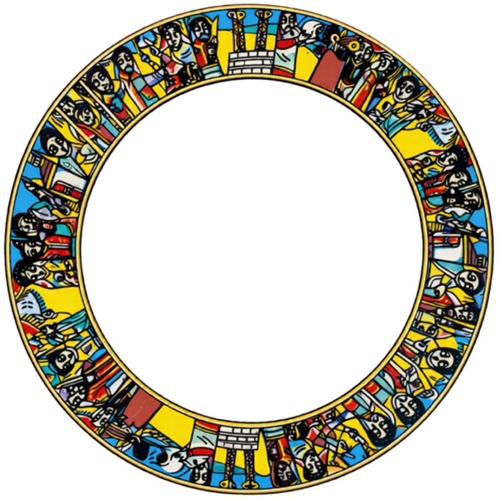 A circular decorative plate or tray featuring a colorful ring of illustrated figures and scenes around a large white center, shown on a plain white background.