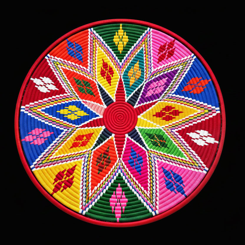 A round, handwoven basket with a vibrant geometric star pattern in red, yellow, green, pink, blue, and white, set against a solid off-white background.