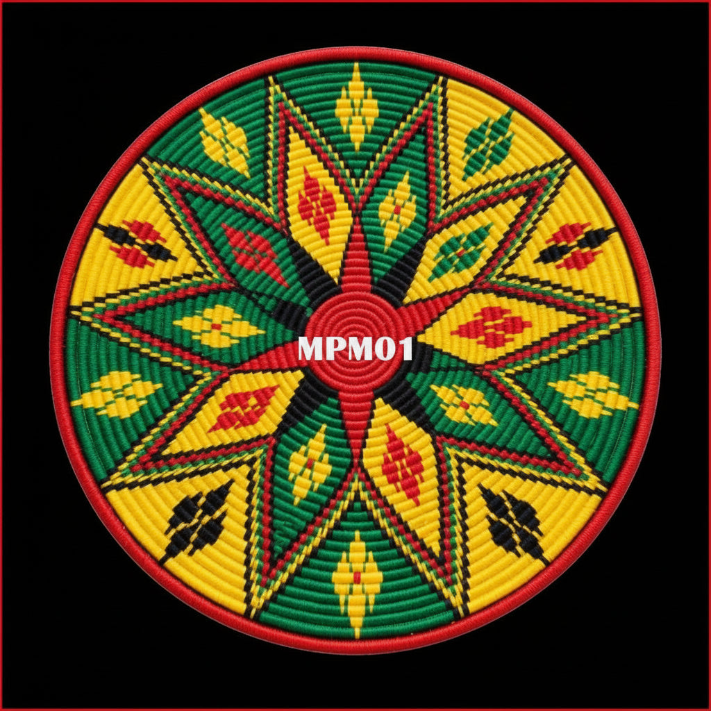 A round woven mat or tray with a bold geometric pattern in green, yellow, red, and black, overlaid with large white text reading 'MPM01' on a transparent checkerboard background.