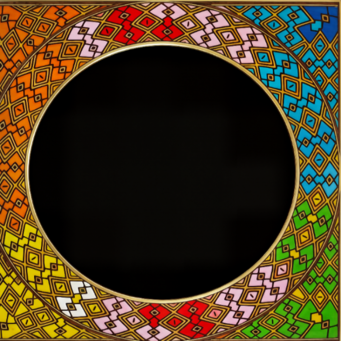 A square decorative frame with a large black oval center and a colorful geometric border. The border contains repeating diamond and zigzag motifs in blue, green, red, pink, yellow, orange, and white, outlined in gold-toned lines.