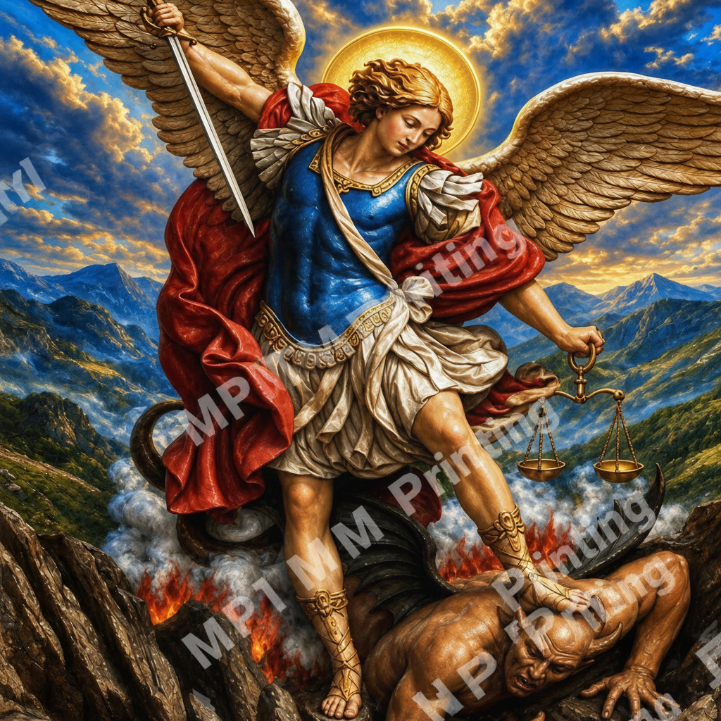 A dramatic religious artwork showing a winged angel with a gold halo, blue tunic, and red cloak stepping on a demon in a fiery valley, with mountains and a dramatic sky in the background.