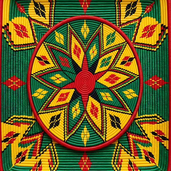 A square woven textile or mat featuring a bold geometric star pattern in red, yellow, green, and black, with a large circular motif centered on a textured green background.