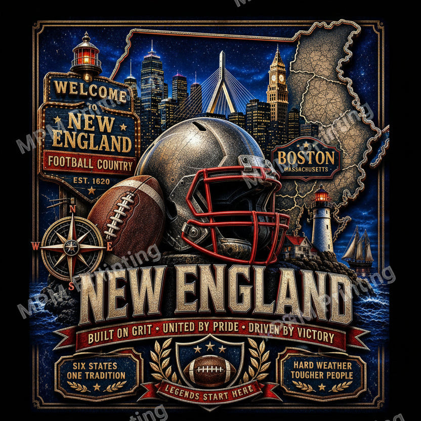 A square graphic design featuring football-themed New England imagery, including a large football helmet, football, lighthouses, skyline elements, a map outline, and text reading 'Welcome to New England Football Country,' 'Boston,' and 'New England.'.