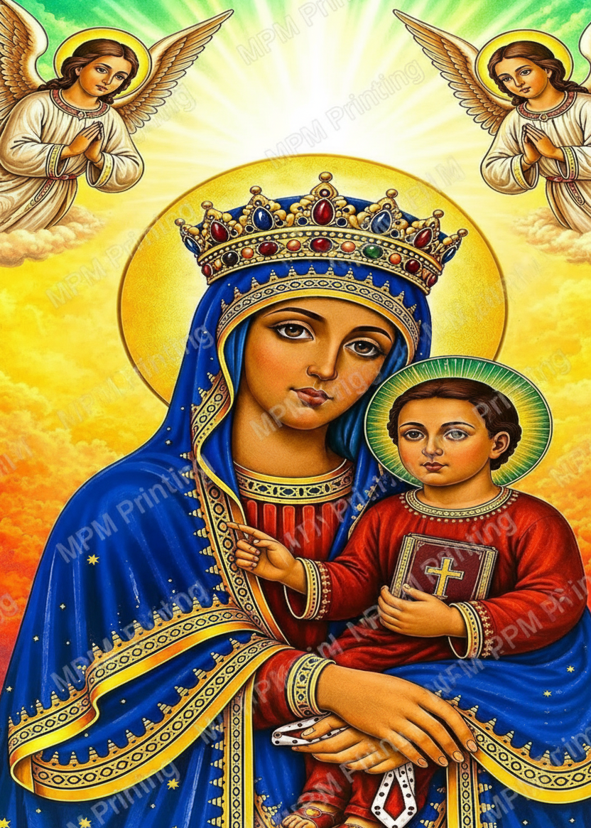 Religious icon-style artwork showing the Virgin Mary holding the infant Jesus, with two angels at the top against a radiant gold and green background. The image includes repeated diagonal 'MPM Print.
