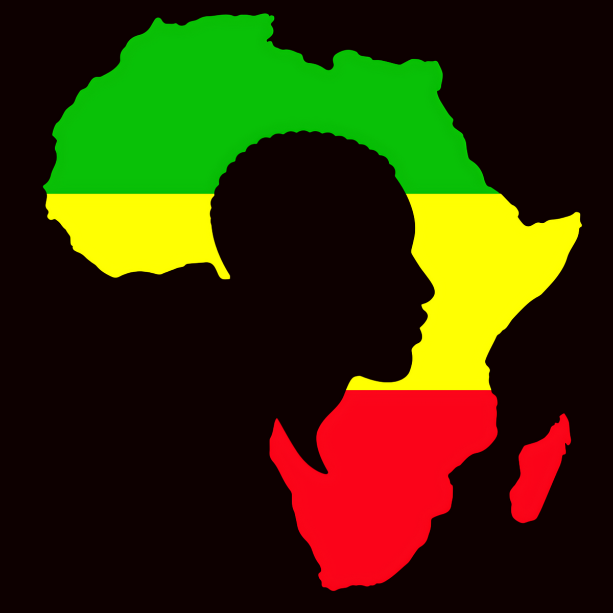 A stylized silhouette of a person in profile overlaid on the map outline of Africa, filled with horizontal green, yellow, and red bands on a black background.