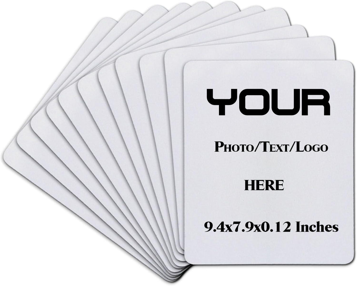 A set of white custom photo cards fanned out on a white background, with the front card displaying black placeholder text that reads 'YOUR Photo/Text/Logo HERE 9.4x7.